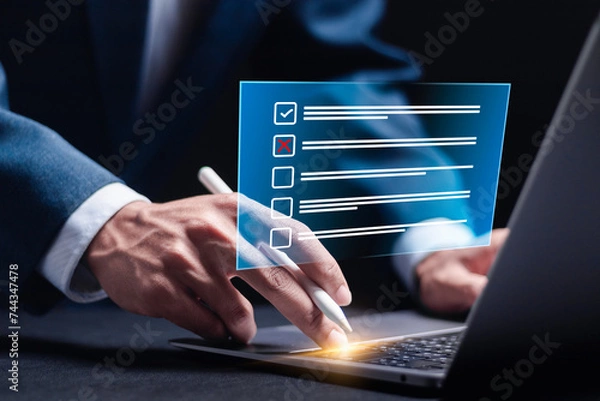 Fototapeta Survey form concept. Questionnaire with checkboxes, filling survey form online, answer questions of test. Education technology and learning.