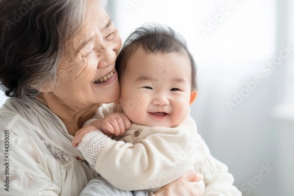 Obraz 赤ちゃんと笑顔のおばあさん（祖母・孫・新生児・ベイビー）