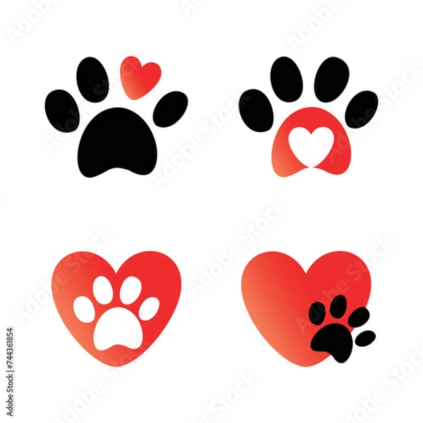 Fototapeta Paw print with heart icons isolated on white background. Collection of paw and heart vector icons.