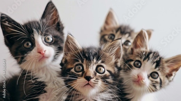 Fototapeta Curious Kittens, a group of playful kittens exploring their surroundings on a white backdrop, background image, generative AI