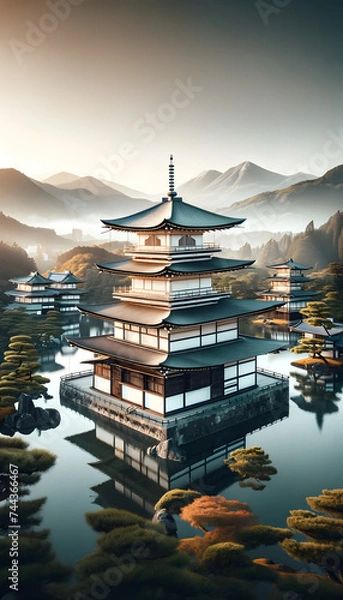 Fototapeta Japan's tourism through a minimalist lens. It emphasizes simplicity and color harmony, architectural sharpness and highlighting iconic Japanese landmarks and serene landscapes