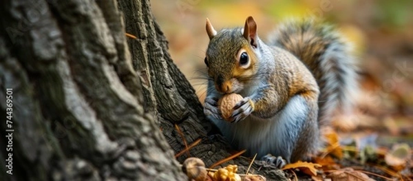 Fototapeta Curious squirrel enjoying a tasty nut snack on the forest floor in autumn
