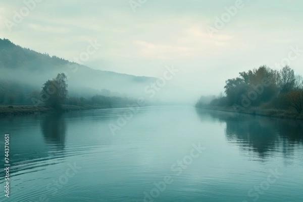 Obraz Landscape with the image of a lake in the morning mist.
