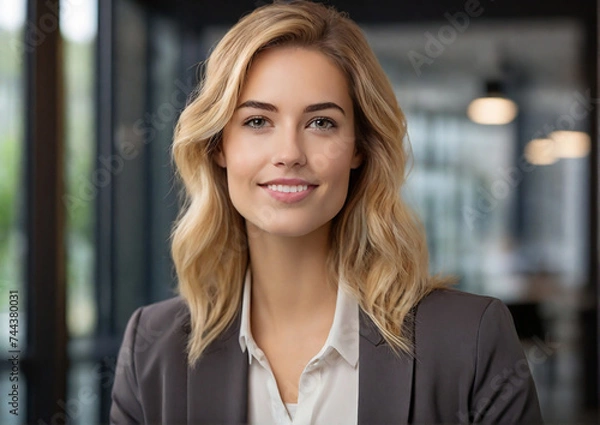Fototapeta Smiling young businesswoman  portrait shot, businesswoman looking away with pensive face, dreaming, thinking over project tasks, future lifestyle. Generative AI