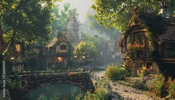 Obraz Village house in fantasy style, painting style, generated by AI