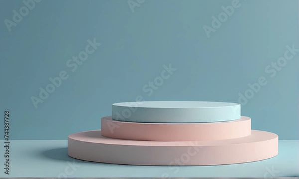 Obraz Abstract empty podium on sky blue background with pedestal for minimal presentation of products. 3d rendering