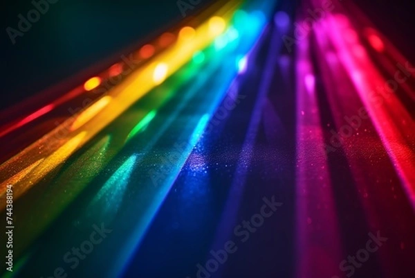 Fototapeta Rainbow light prism effect overlay on black background. Dusted Holographic Abstract Multicolored Backdrop