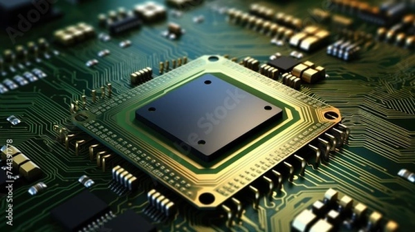 Fototapeta The photograph reveals the microscopic features and etchings on the surface of the processor, underscoring the sophistication of semiconductor fabrication.