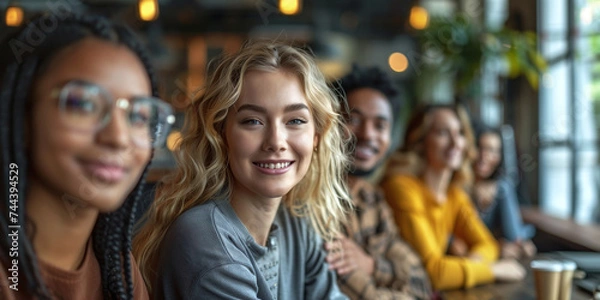 Obraz Joyful Business Collaboration: Smiling Businesswoman and Team in a Modern Office, Embracing Happiness, Friendship, and Productivity in a Diverse and Creative Workspace