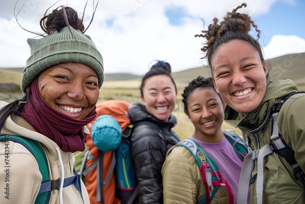 Fototapeta Ethnic Diversity in Nature: Happy Women's Group Captures Summer Happiness in a Selfie