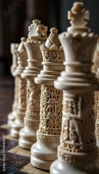 Fototapeta a group of chess pieces sitting on top of a chess board