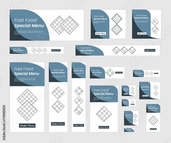 Obraz Fast food web banner design template set, horizontal and vertical web banner. Blue color, dark blue and white background, added image place, food header, social media ads banner 