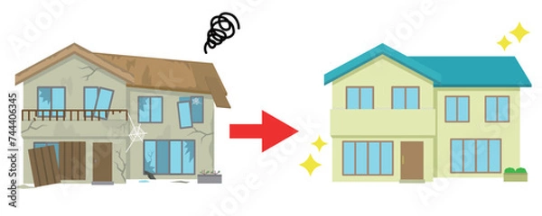 Obraz 廃墟の古い家をきれいな一戸建てにリフォームする　イラスト