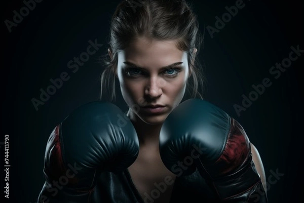 Fototapeta Confident young woman in boxing gloves, fierce attitude, dark backdrop