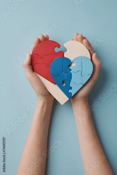 Obraz Adult and child hands holding heart puzzle on light blue background