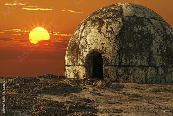 Fototapeta ancient stone dome, weathered by time, standing majestically in a deserted landscape, with the sun setting in the background, casting a warm golden light