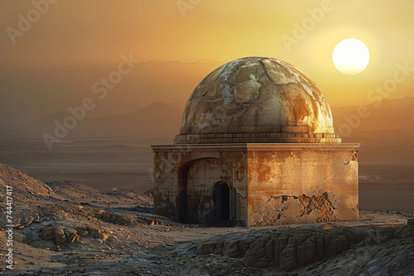 Fototapeta ancient stone dome, weathered by time, standing majestically in a deserted landscape, with the sun setting in the background, casting a warm golden light