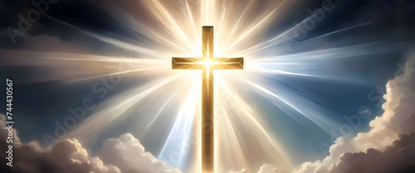 Obraz Divine Serenity: Sunlit Cross Amidst Cloudscape ,Jesus Christ cross on a sky with dramatic clouds