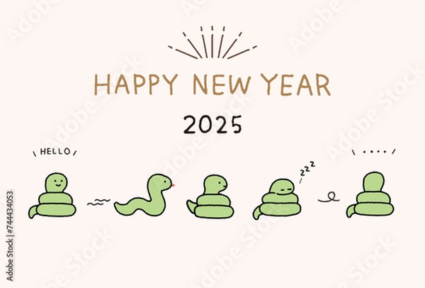 Fototapeta 2025年　年賀状　かわいいキャラクターの蛇のイラストレーション