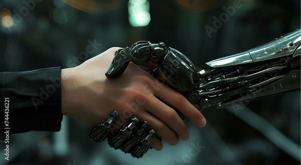 Fototapeta Technology cooperation between humans and robots in industrial factory background.