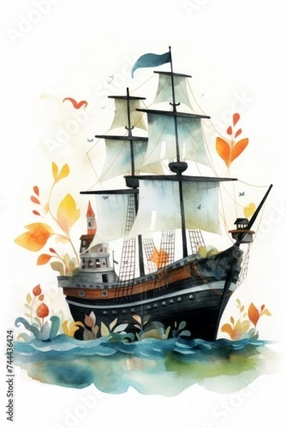 Obraz Pirate ships and sail in watercolor style on white background Created with Generative AI technology.