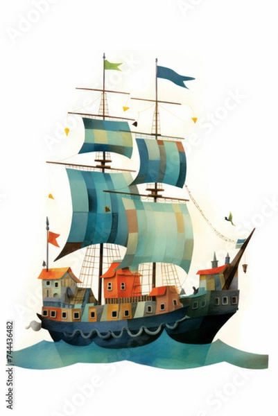 Obraz Pirate ships and sail in watercolor style on white background Created with Generative AI technology.