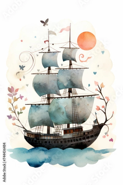 Obraz Pirate ships and sail in watercolor style on white background Created with Generative AI technology.