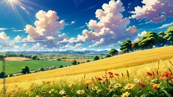 Obraz A soft breeze gently rustling through the sunny fields and clear anime style, countryside landscape