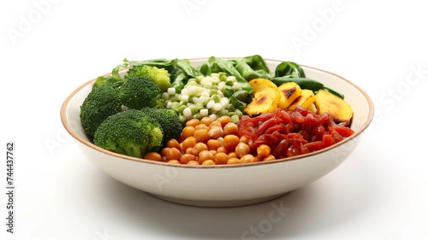 Fototapeta Isolated on a stark white background is a Buddha bowl dish with vegetables and legumes.
