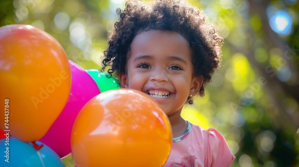 Fototapeta A small child smiles cheerfully while holding colorful balloons in the park, Ai generated Images