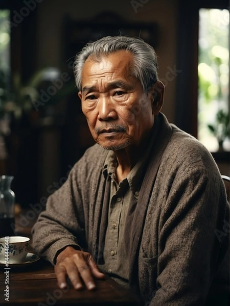 Fototapeta Portrait of a worried elderly asian man on a table in the living room background from Generative AI