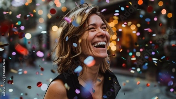 Obraz Joyful woman laughing surrounded by a burst of colorful confetti her happiness infectious