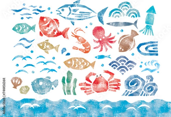 Obraz 魚介類版画水彩グランジ風アイコン