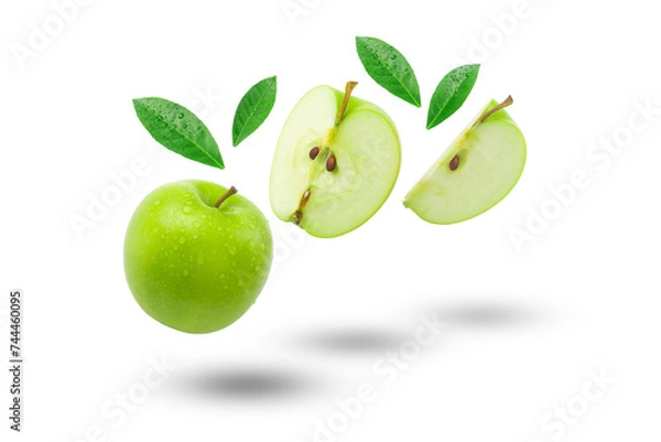 Obraz Flying green apple with slices and green leaf isolated on white background.