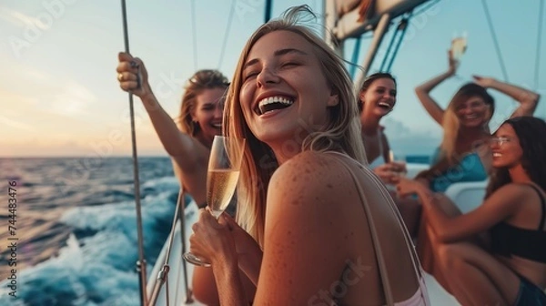 Fototapeta Happy  friends talking in summer day on a yacht