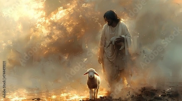 Fototapeta Jesus and Lamb in Flames A Symbol of Faith and Divine Love