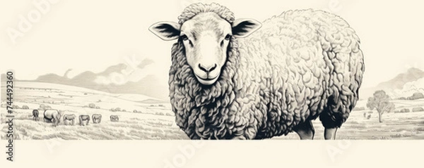 Fototapeta Sheep in engrve shape or black ink drawn on white paper or background.