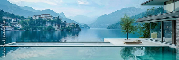Obraz A serene view of a European lake nestled among mountains, where the tranquility of water meets the quaint charm of lakeside villages, invoking a sense of peaceful escape