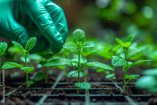 Fototapeta Genetic engineering in plantic and cultivating agricultural plants. Growing mint seedling in laboratory.