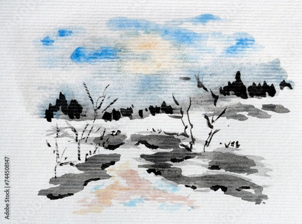 Fototapeta Spring nature sketch created with watercolor. Color illustration on watercolor paper