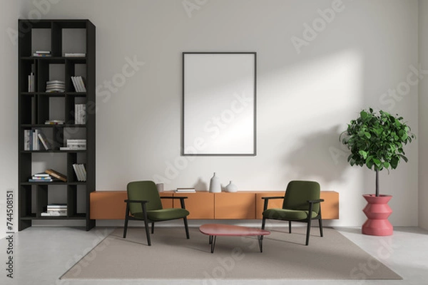 Fototapeta Stylish home living room interior with sideboard and decoration, mockup frame