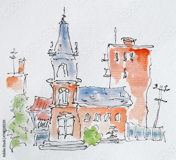 Fototapeta House sketch created with liner and watercolors. Color illustration on watercolor paper
