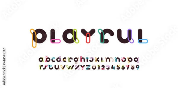 Fototapeta alphabet playful decorative font, rounded multi-colored letters A, B, C, D, E, F, G, H, I, J, K, L, M, N, O, P, Q, R, S, T, U, V, W, X, Y, Z and numerals 0, 1, 2, 3, 4, 5, 6, 7, 8, 9