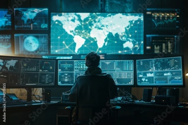 Obraz A control room with multiple computer monitors displaying various data, a large screen showing a digital map, and a lone individual observing the screens.