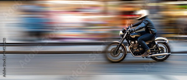 Fototapeta Motorcycle swiftly cuts through urban blur, a symphony of speed and motion.