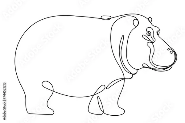 Fototapeta Line Art Hippopotamus Sketch Illustration. Doodle One Continuous Line Drawn Hippo Animal. Editable Vector Wild Savage Animal Icon. 