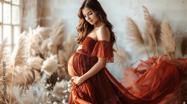 Fototapeta Elegant Pregnant Woman in Flowing Red Dress with Natural Backdrop
