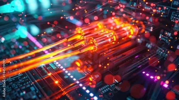Obraz Fiber optics carry data to computer hardware, technology in modern communication and connectivity.
