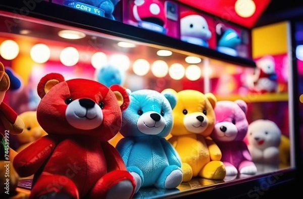 Fototapeta Image of soft toys inside a claw machine shot at a game zone. with copy space image. Place for adding text or design 