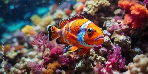 Obraz Colorful fish swims among colorful corals.
